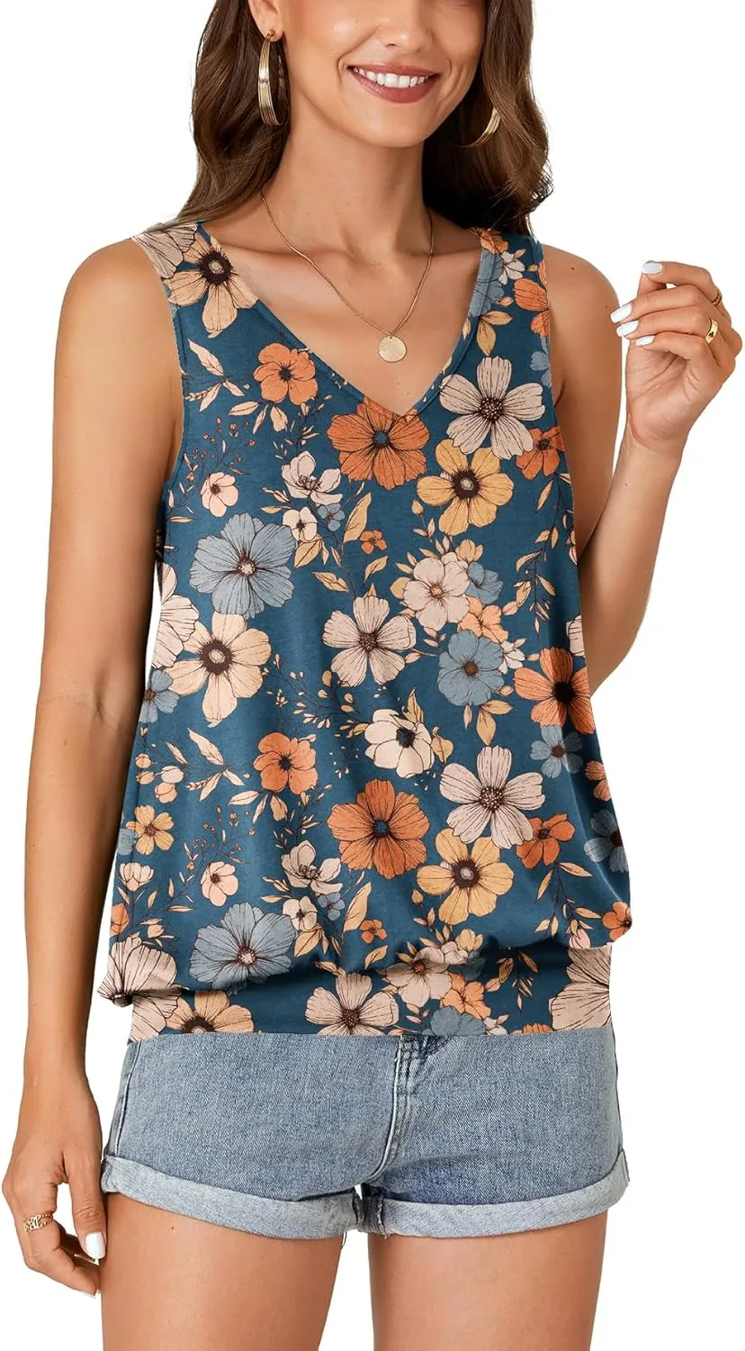 Umenlele Womens Casual Banded Bottom Cami Shirt V Neck Sleeveless Loose Summer Tank Top Camisole