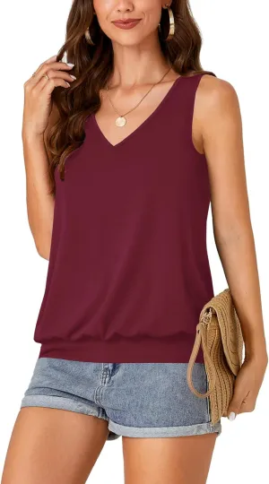 Umenlele Womens Casual Banded Bottom Cami Shirt V Neck Sleeveless Loose Summer Tank Top Camisole