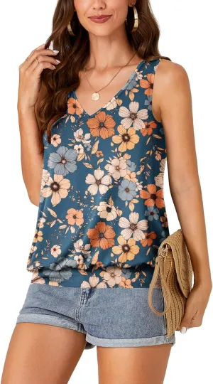 Umenlele Womens Casual Banded Bottom Cami Shirt V Neck Sleeveless Loose Summer Tank Top Camisole