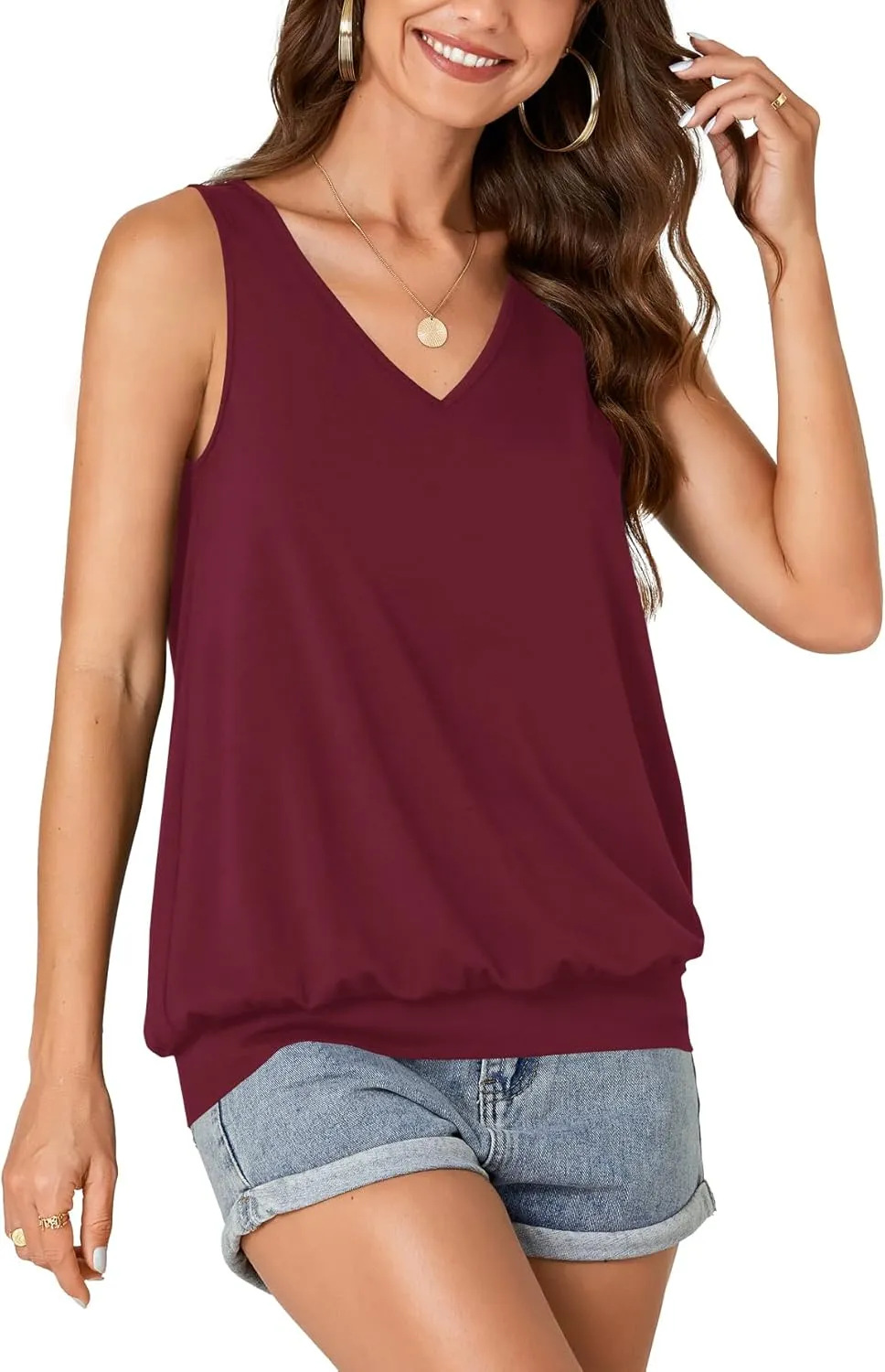 Umenlele Womens Casual Banded Bottom Cami Shirt V Neck Sleeveless Loose Summer Tank Top Camisole