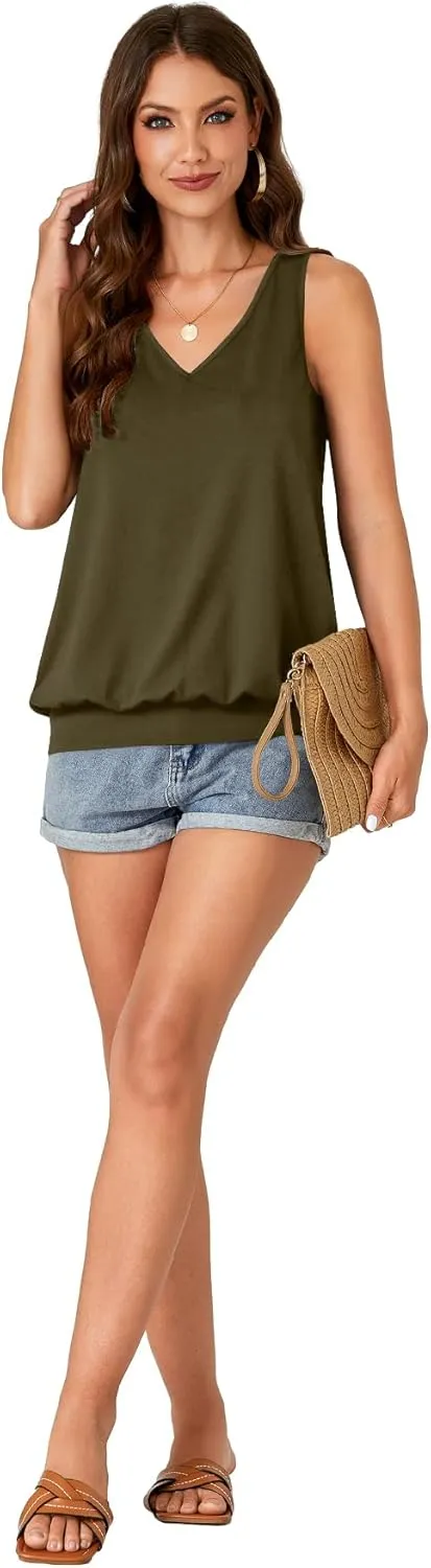 Umenlele Womens Casual Banded Bottom Cami Shirt V Neck Sleeveless Loose Summer Tank Top Camisole