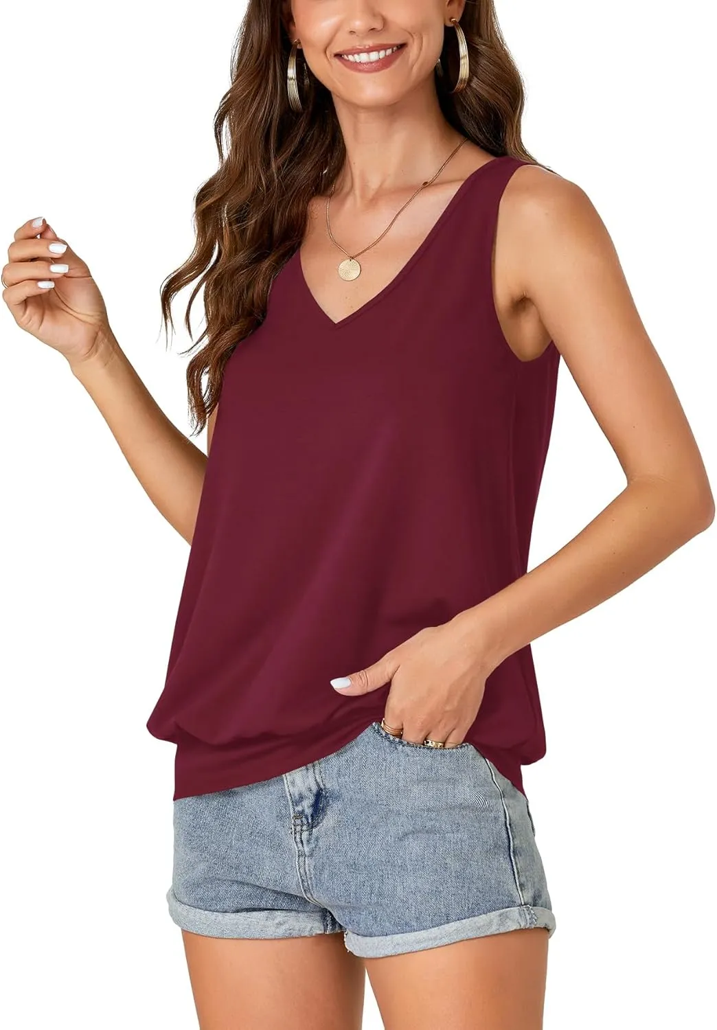 Umenlele Womens Casual Banded Bottom Cami Shirt V Neck Sleeveless Loose Summer Tank Top Camisole