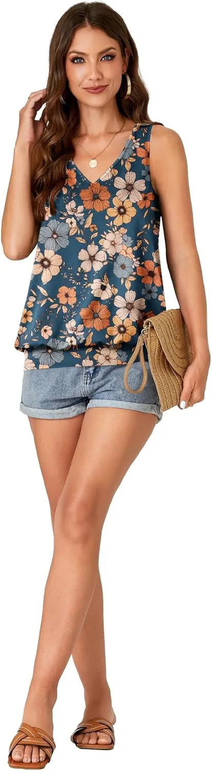 Umenlele Womens Casual Banded Bottom Cami Shirt V Neck Sleeveless Loose Summer Tank Top Camisole
