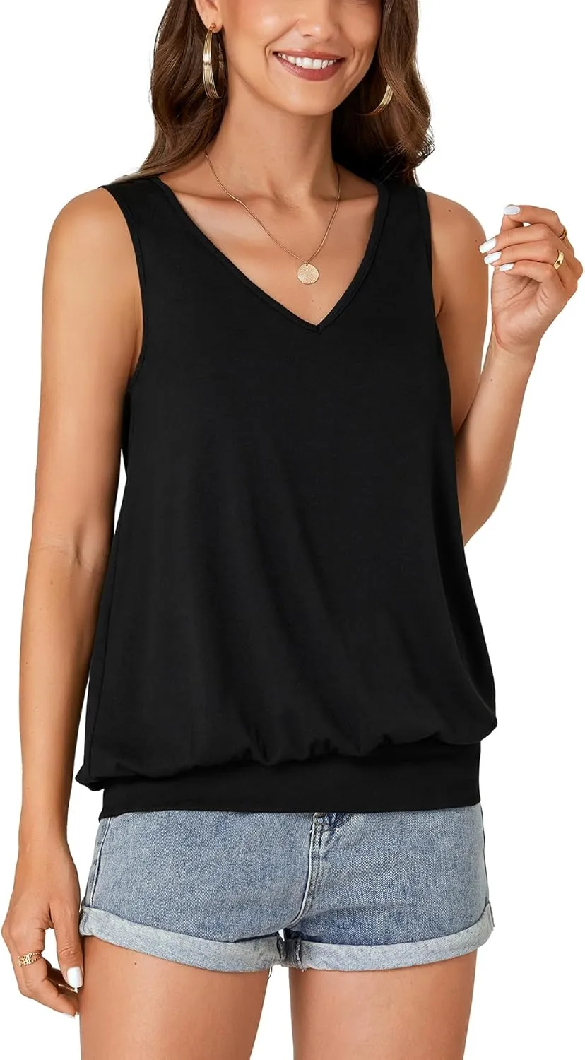 Umenlele Womens Casual Banded Bottom Cami Shirt V Neck Sleeveless Loose Summer Tank Top Camisole