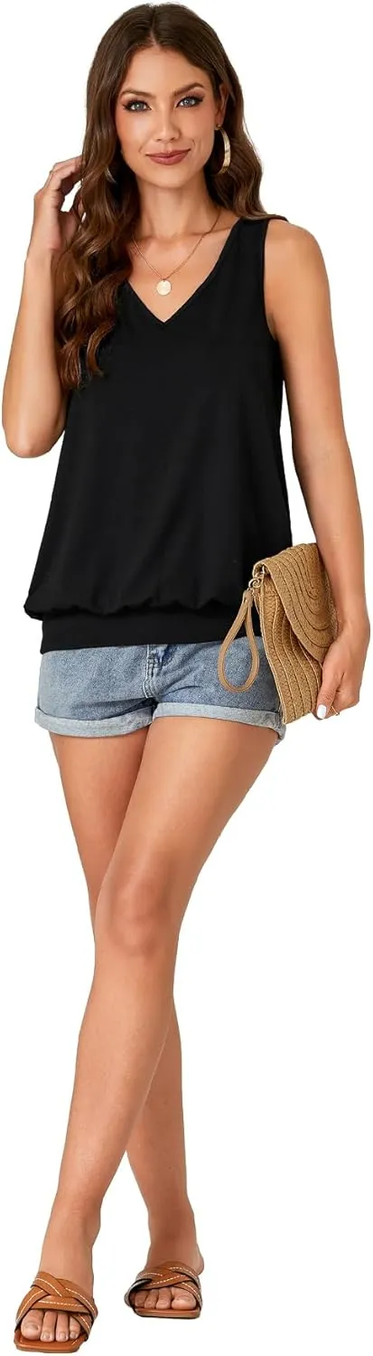 Umenlele Womens Casual Banded Bottom Cami Shirt V Neck Sleeveless Loose Summer Tank Top Camisole