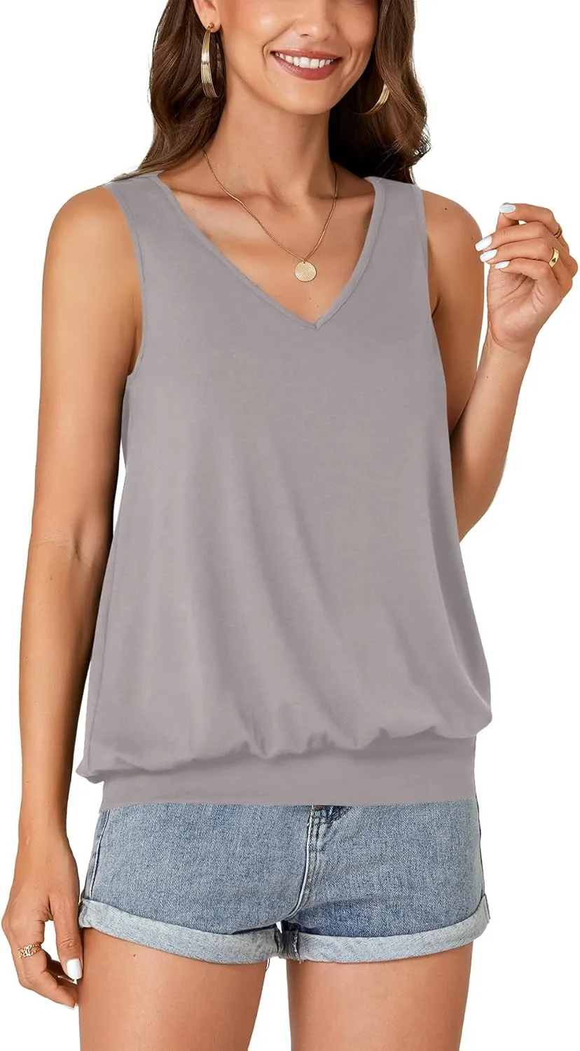 Umenlele Womens Casual Banded Bottom Cami Shirt V Neck Sleeveless Loose Summer Tank Top Camisole