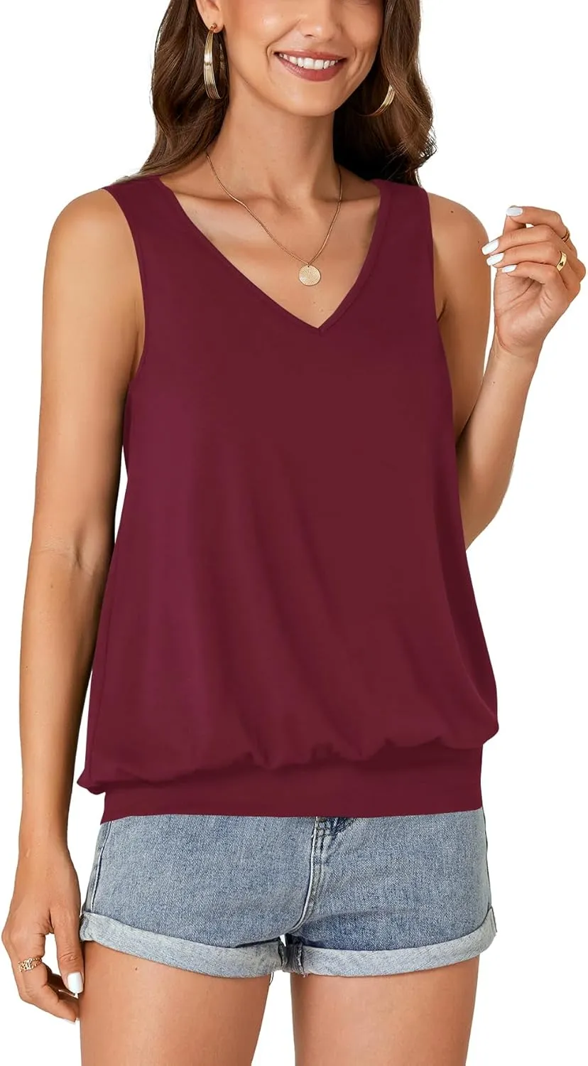 Umenlele Womens Casual Banded Bottom Cami Shirt V Neck Sleeveless Loose Summer Tank Top Camisole