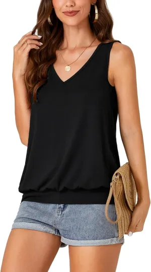 Umenlele Womens Casual Banded Bottom Cami Shirt V Neck Sleeveless Loose Summer Tank Top Camisole