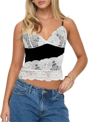 V Neck Lace Camisole for Women Spaghetti Straps Tank Top Patchwork Floral Mesh See Through Shirt