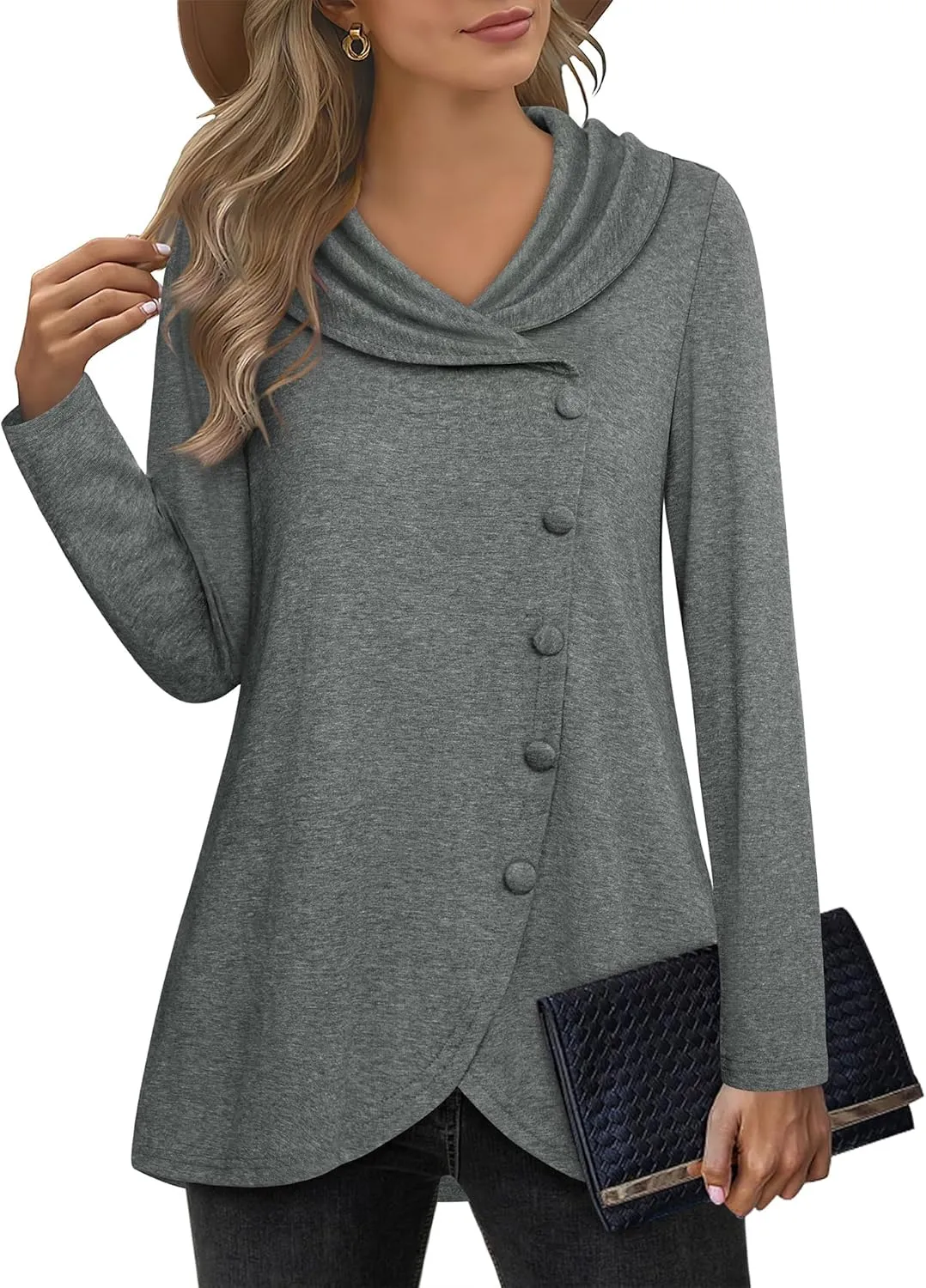 VALOLIA Womens Long Sleeve Tops Fall Winter Buttons Side Tulip Hem Lapel Pullover Sweatshirt