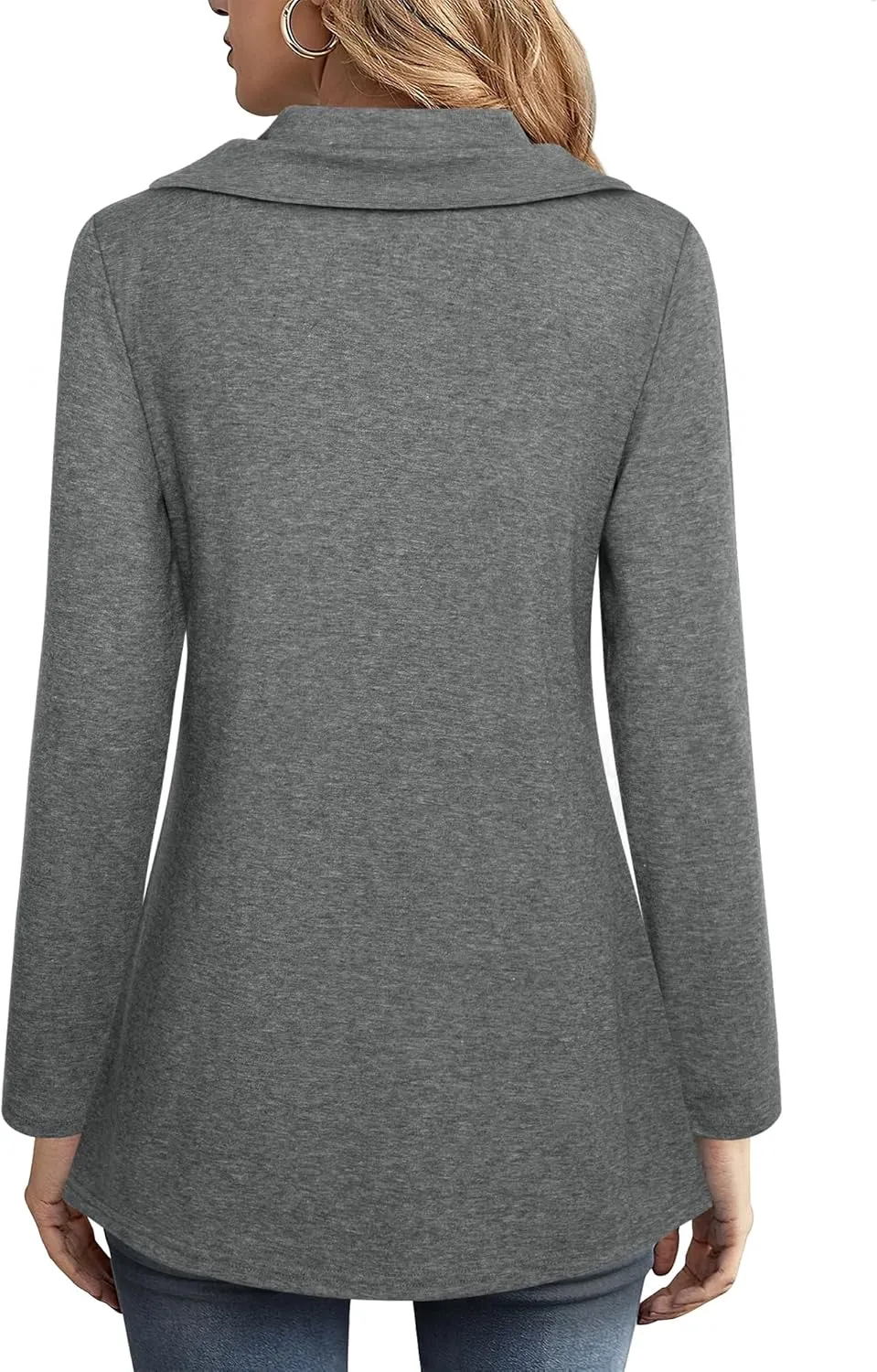 VALOLIA Womens Long Sleeve Tops Fall Winter Buttons Side Tulip Hem Lapel Pullover Sweatshirt