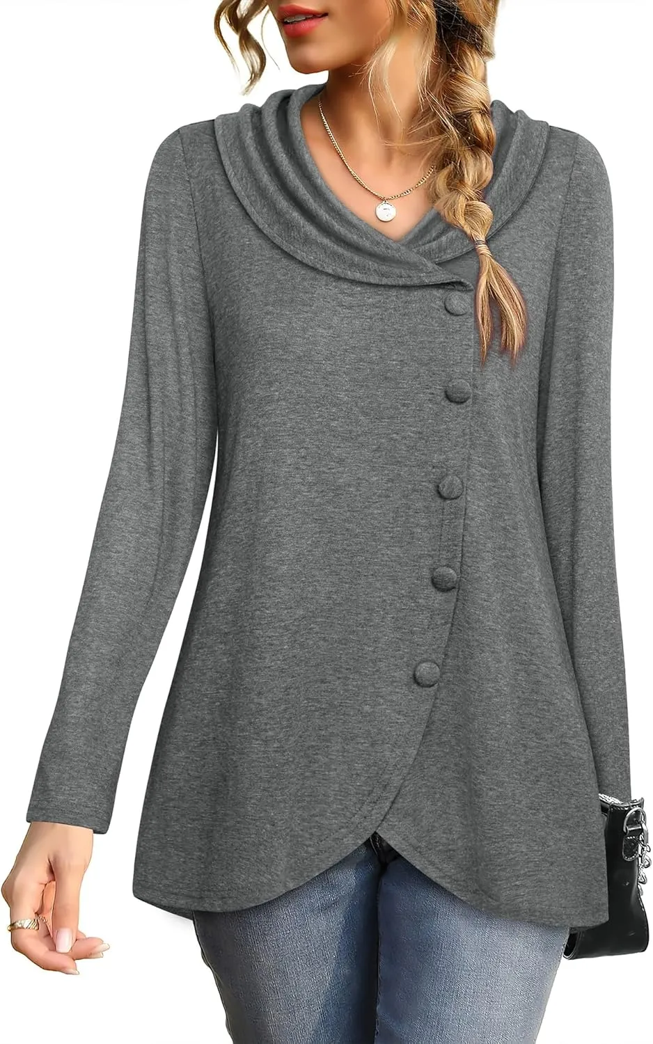 VALOLIA Womens Long Sleeve Tops Fall Winter Buttons Side Tulip Hem Lapel Pullover Sweatshirt