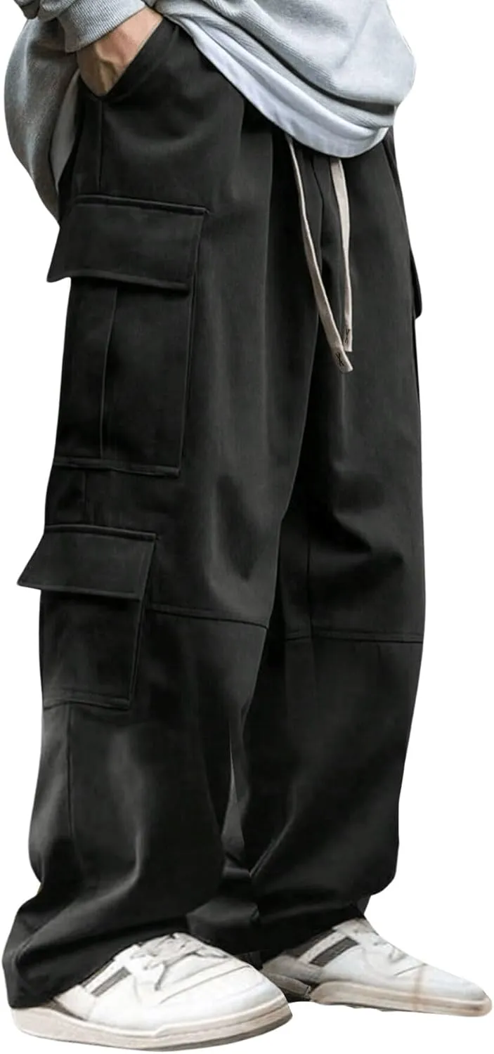 Verdusa Men's Baggy Cargo Pants Drawstring Elastic Waist Flap Pockets Loose Pants