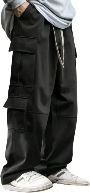 Verdusa Men's Baggy Cargo Pants Drawstring Elastic Waist Flap Pockets Loose Pants