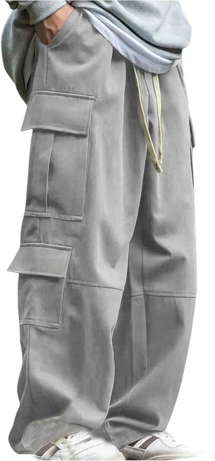 Verdusa Men's Baggy Cargo Pants Drawstring Elastic Waist Flap Pockets Loose Pants
