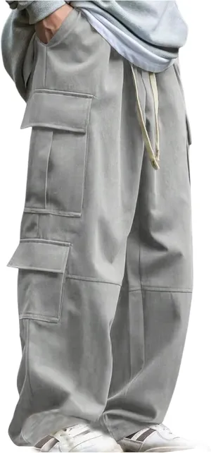 Verdusa Men's Baggy Cargo Pants Drawstring Elastic Waist Flap Pockets Loose Pants