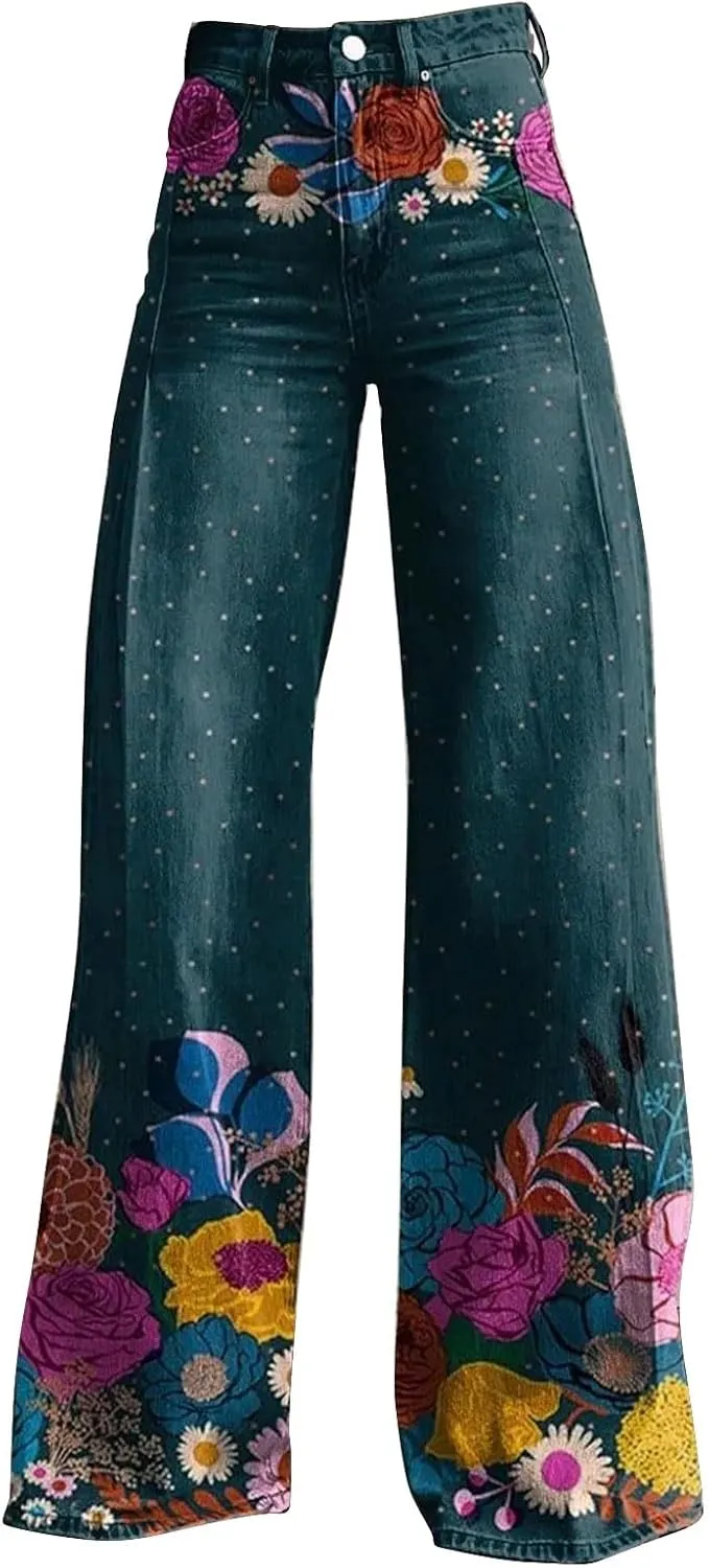Vintage Printed Wide Leg Pants for Women Casual Floral Print Palazzo Pants High Waisted Bootcut Imitation Denim Pants