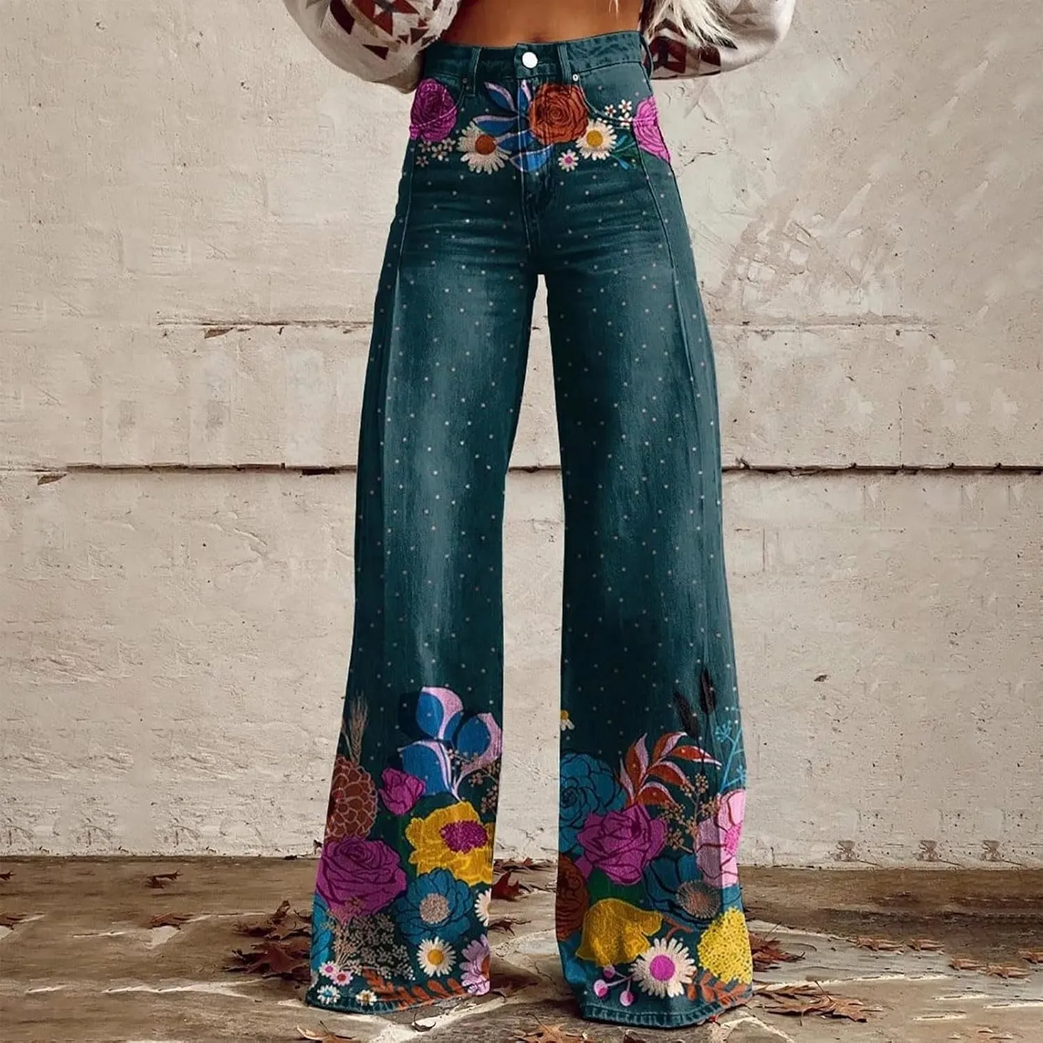 Vintage Printed Wide Leg Pants for Women Casual Floral Print Palazzo Pants High Waisted Bootcut Imitation Denim Pants