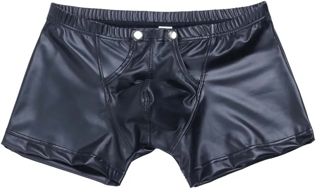 Vxuxlje Men's Faux Leather Bikini Briefs Press Buttons Bucles U Convex Low Waist Male Boxershorts