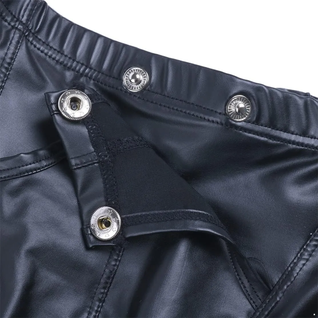 Vxuxlje Men's Faux Leather Bikini Briefs Press Buttons Bucles U Convex Low Waist Male Boxershorts
