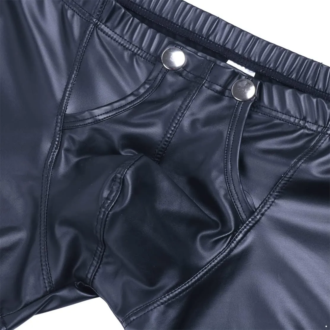 Vxuxlje Men's Faux Leather Bikini Briefs Press Buttons Bucles U Convex Low Waist Male Boxershorts