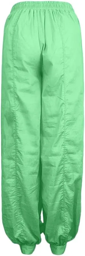 White Linen Pants Women Lounge Summer Baggy Waist Trousers with Pockets Solid Travel Palazzo Pants for Women