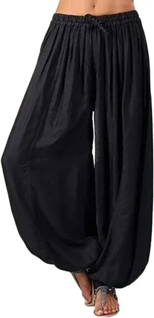 White Linen Pants Women Lounge Summer Baggy Waist Trousers with Pockets Solid Travel Palazzo Pants for Women