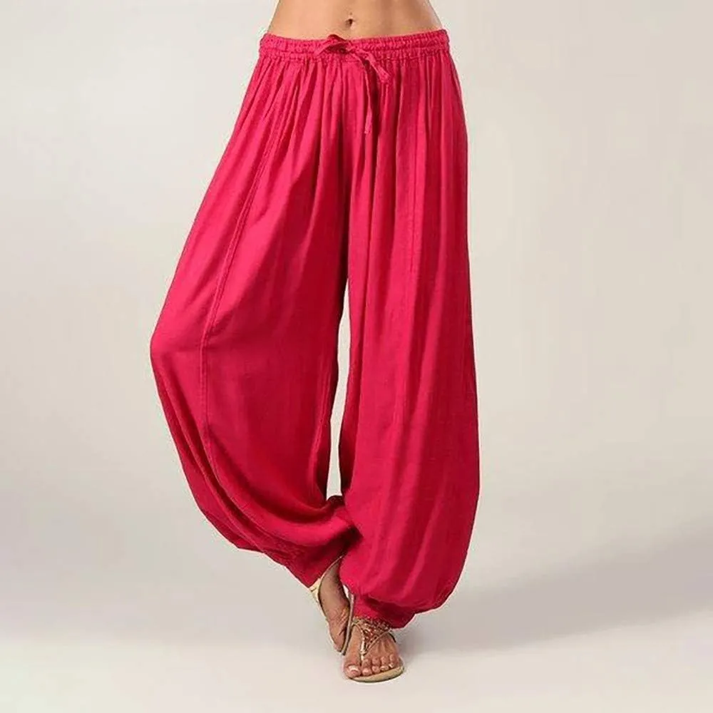 White Linen Pants Women Lounge Summer Baggy Waist Trousers with Pockets Solid Travel Palazzo Pants for Women