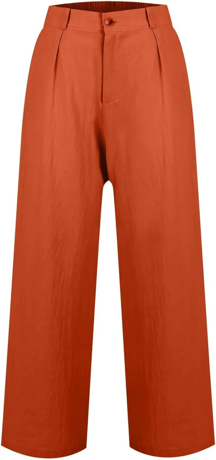 Wide Leg Linen Pants for Women Business Casual High Waisted Dress Pants Office Work Pants Straight Trousers w/Pockets