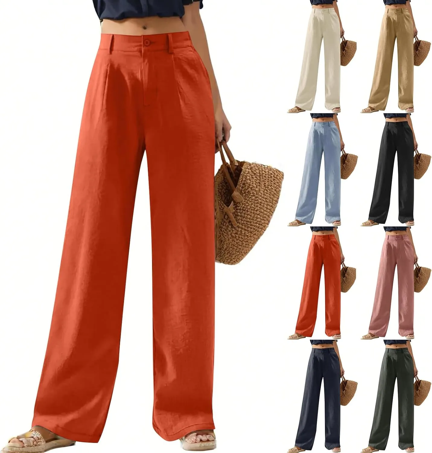 Wide Leg Linen Pants for Women Business Casual High Waisted Dress Pants Office Work Pants Straight Trousers w/Pockets
