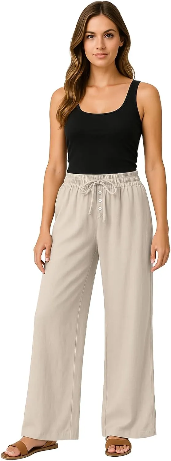 Wide Leg Linen Pants for Women Casual Summer Drawstring Waist Palazzo Pants with Pockets Beach Cover Up Trousers