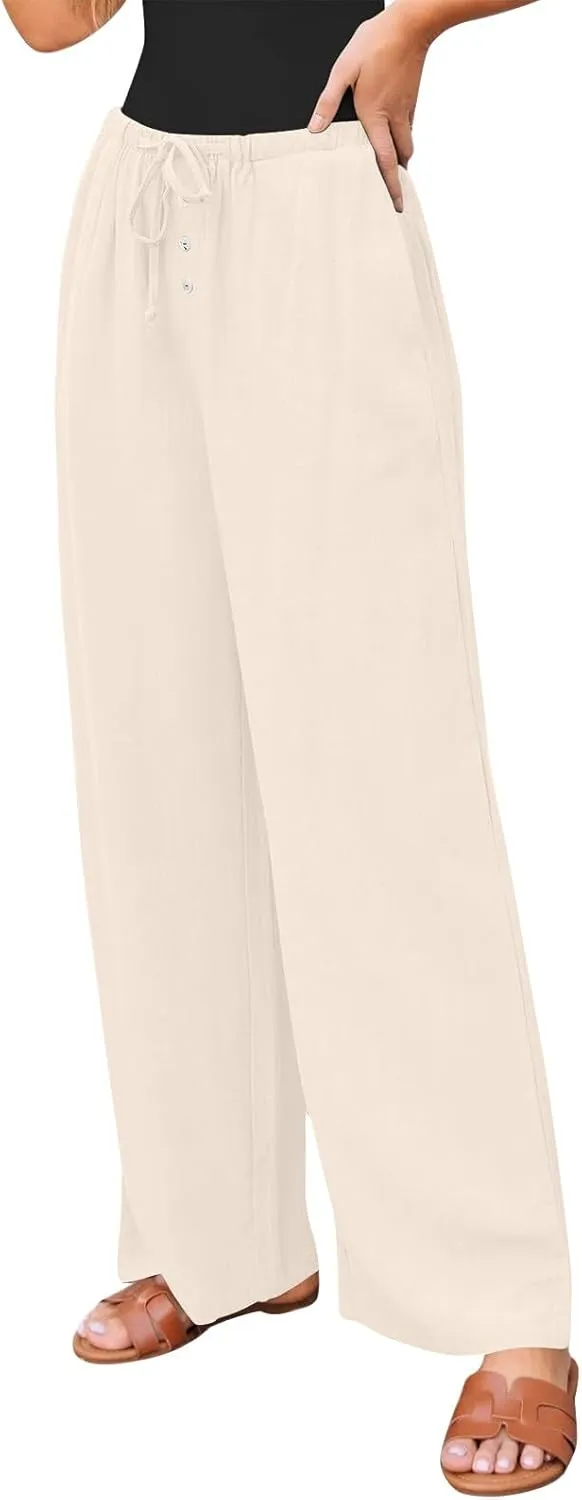 Wide Leg Linen Pants for Women Casual Summer Drawstring Waist Palazzo Pants with Pockets Beach Cover Up Trousers