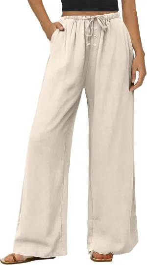 Wide Leg Linen Pants for Women Casual Summer Drawstring Waist Palazzo Pants with Pockets Beach Cover Up Trousers