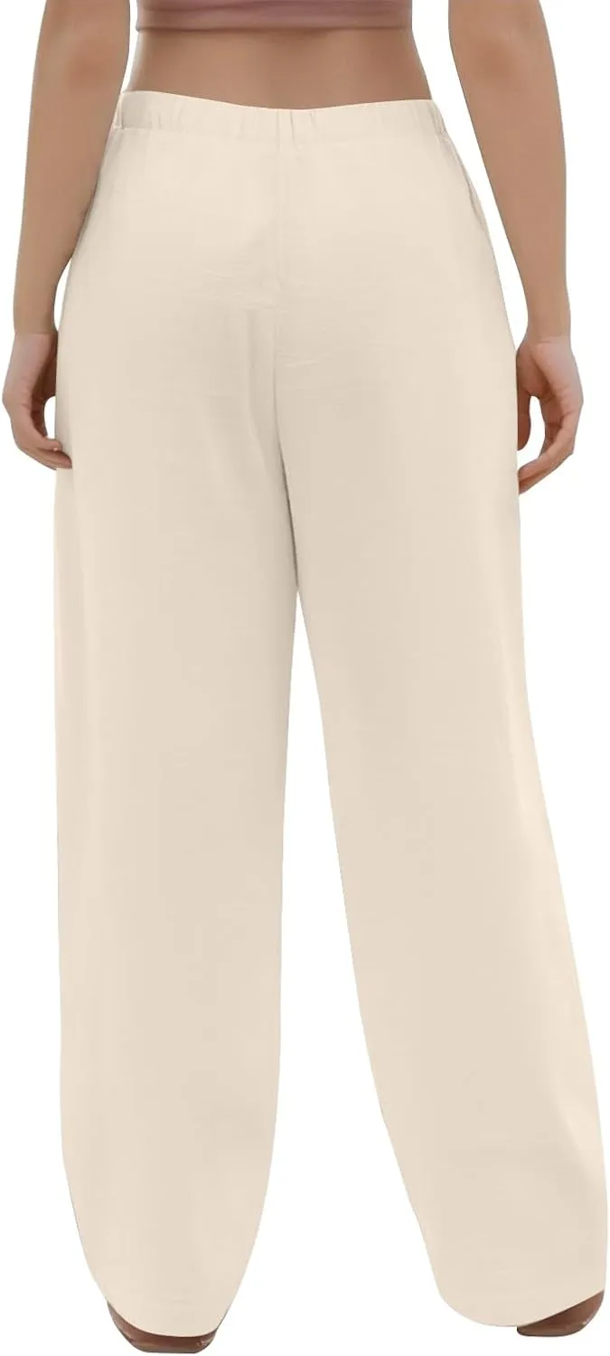 Wide Leg Linen Pants for Women Casual Summer Drawstring Waist Palazzo Pants with Pockets Beach Cover Up Trousers