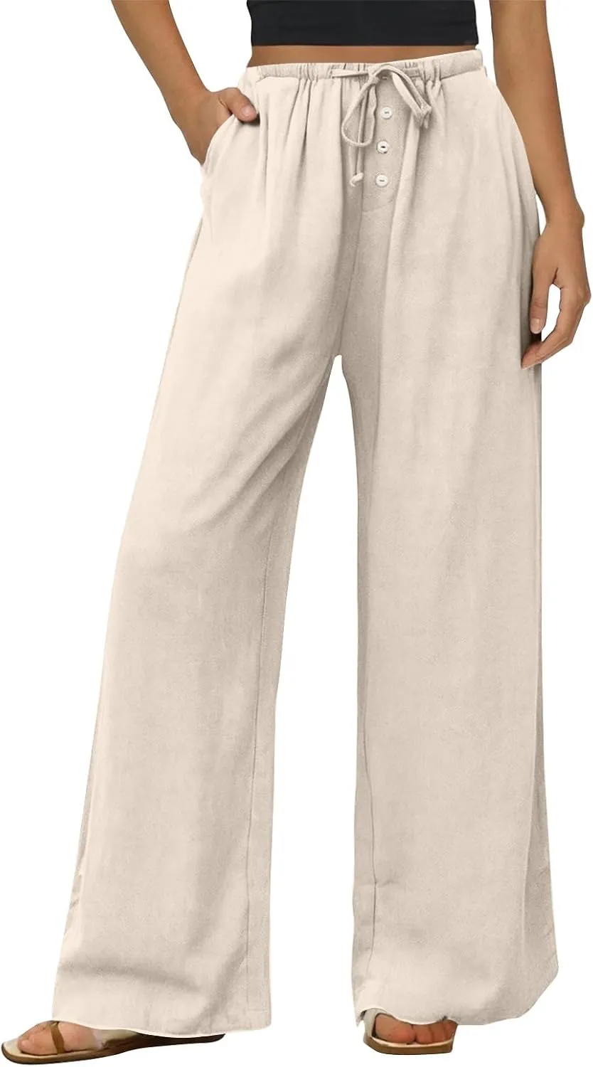 Wide Leg Linen Pants for Women Casual Summer Drawstring Waist Palazzo Pants with Pockets Beach Cover Up Trousers