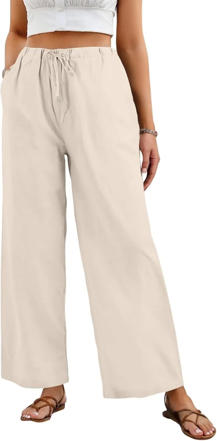 Wide Leg Linen Pants for Women Casual Summer Drawstring Waist Palazzo Pants with Pockets Beach Cover Up Trousers