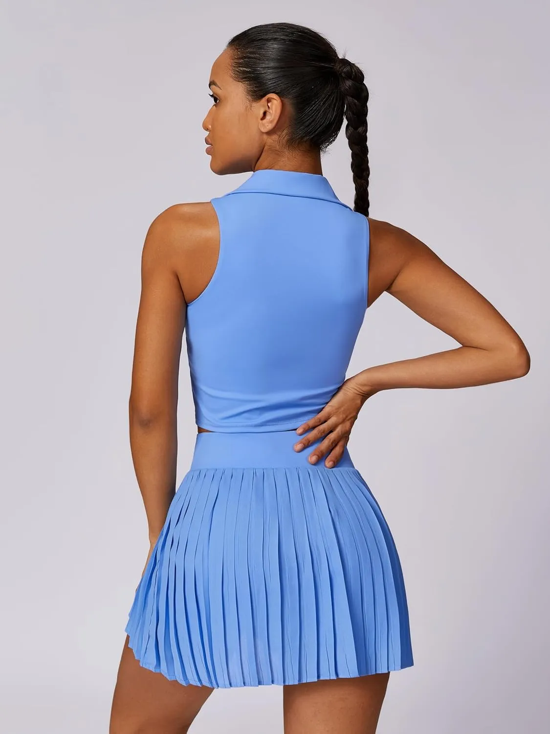 Women 2 Piece Tennis Dress Sleeveless Racerback Padded Crop Top Pleated High Waisted Tennis Skirt Golf Workout Outfits