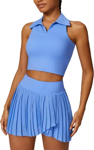 Women 2 Piece Tennis Dress Sleeveless Racerback Padded Crop Top Pleated High Waisted Tennis Skirt Golf Workout Outfits