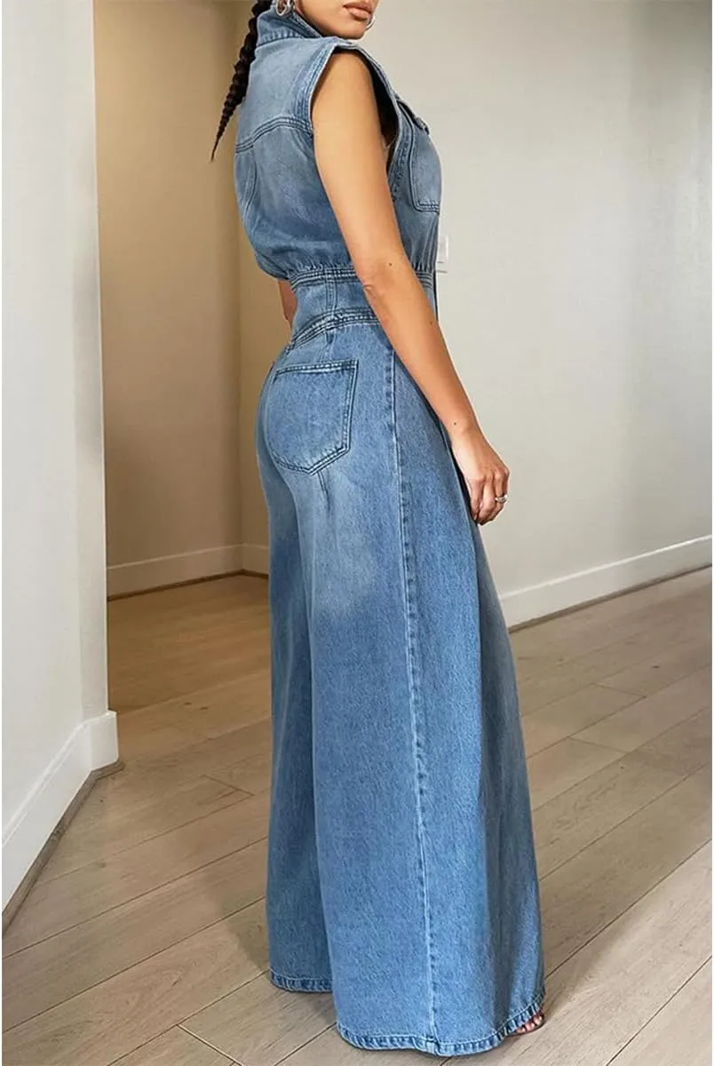 Women Casual Sleeveless Denim Jumpsuit High Waist Washed Loose Wide Leg Jean Pants Rompers