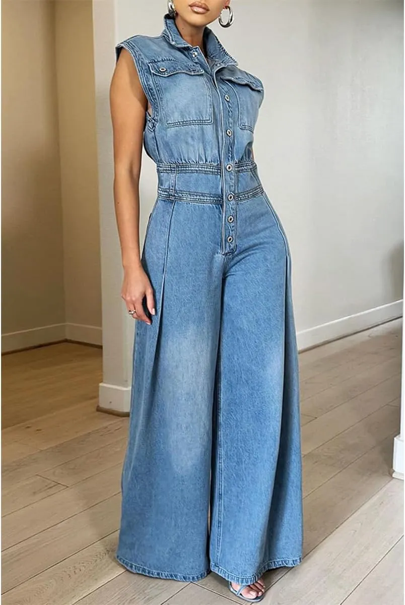 Women Casual Sleeveless Denim Jumpsuit High Waist Washed Loose Wide Leg Jean Pants Rompers