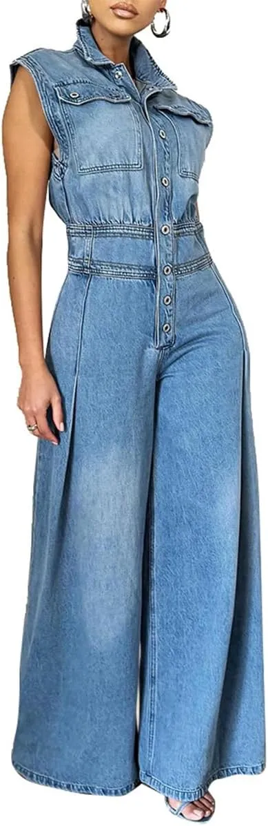 Women Casual Sleeveless Denim Jumpsuit High Waist Washed Loose Wide Leg Jean Pants Rompers