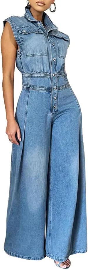 Women Casual Sleeveless Denim Jumpsuit High Waist Washed Loose Wide Leg Jean Pants Rompers