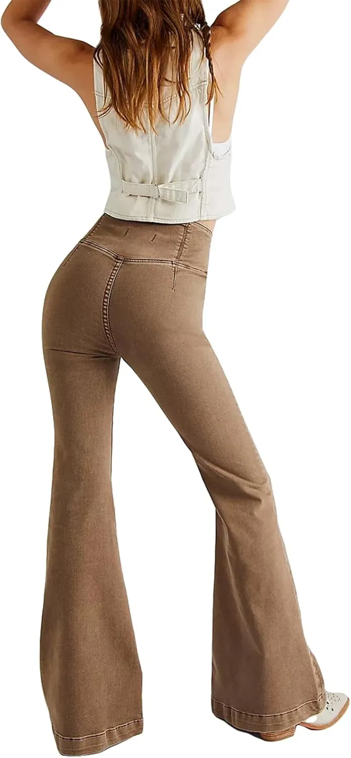Women High Waist Velvet Flared Pants Y2k Vintage Slim Fit Palazzo Ribbed Bell Bottoms Trousers Cropped Pants