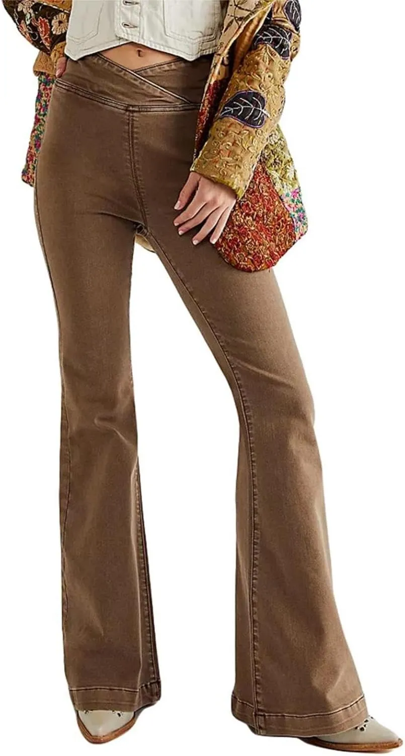 Women High Waist Velvet Flared Pants Y2k Vintage Slim Fit Palazzo Ribbed Bell Bottoms Trousers Cropped Pants
