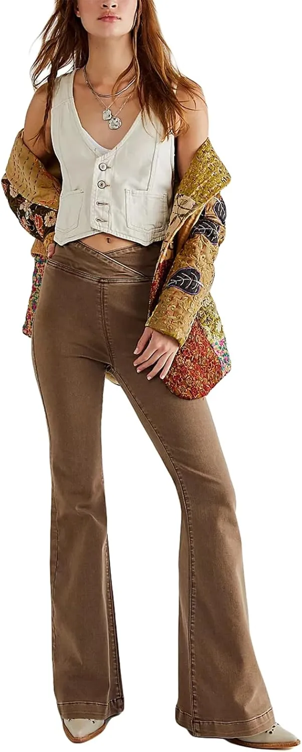 Women High Waist Velvet Flared Pants Y2k Vintage Slim Fit Palazzo Ribbed Bell Bottoms Trousers Cropped Pants