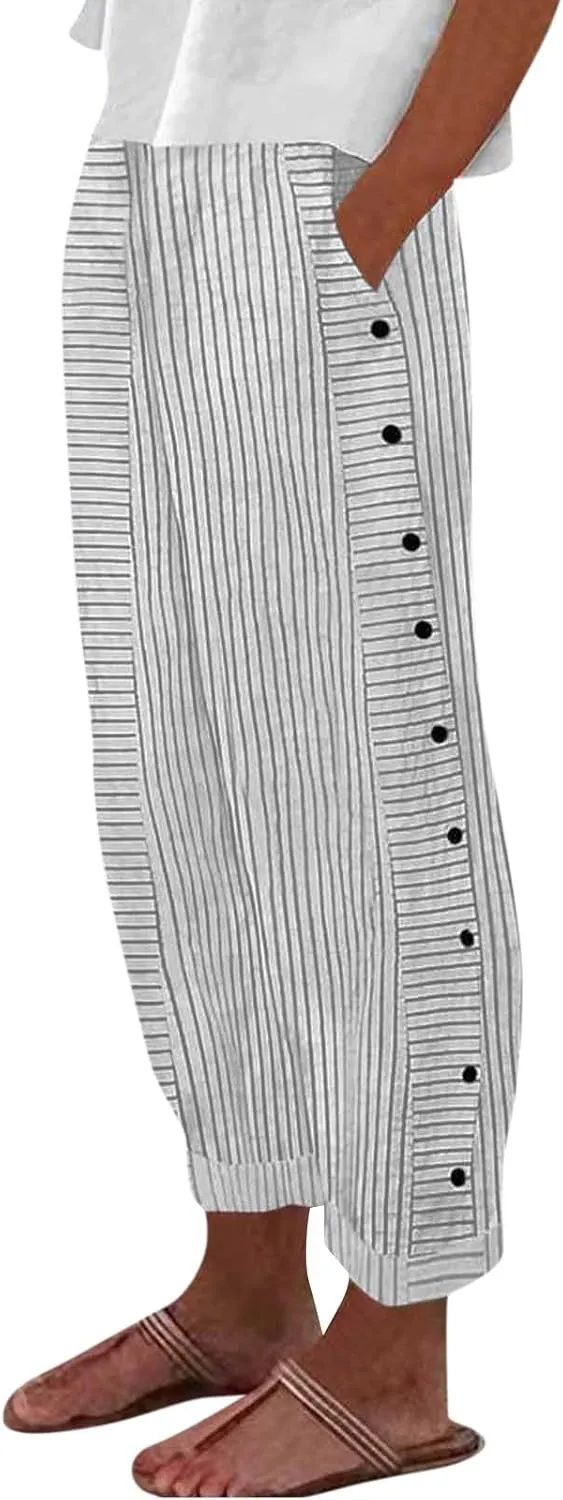 Women Linen Palazzo Pants Summer Boho Wide Leg High Waist Casual Lounge Pant Beach Travel Vacation Outfits