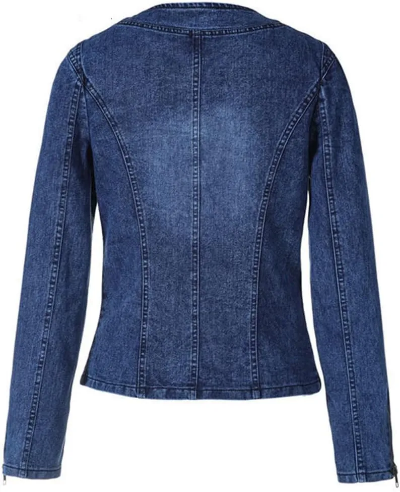 Women Wash Diamond-Studded Beading Stretchy Round Collar Denim Coat Rhinestone Cardigan Jean Jacket