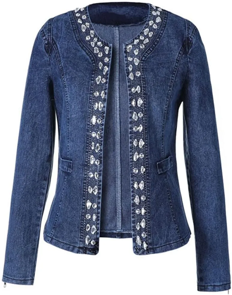 Women Wash Diamond-Studded Beading Stretchy Round Collar Denim Coat Rhinestone Cardigan Jean Jacket