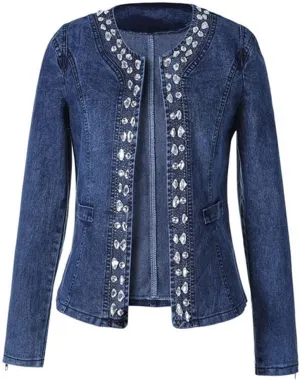 Women Wash Diamond-Studded Beading Stretchy Round Collar Denim Coat Rhinestone Cardigan Jean Jacket