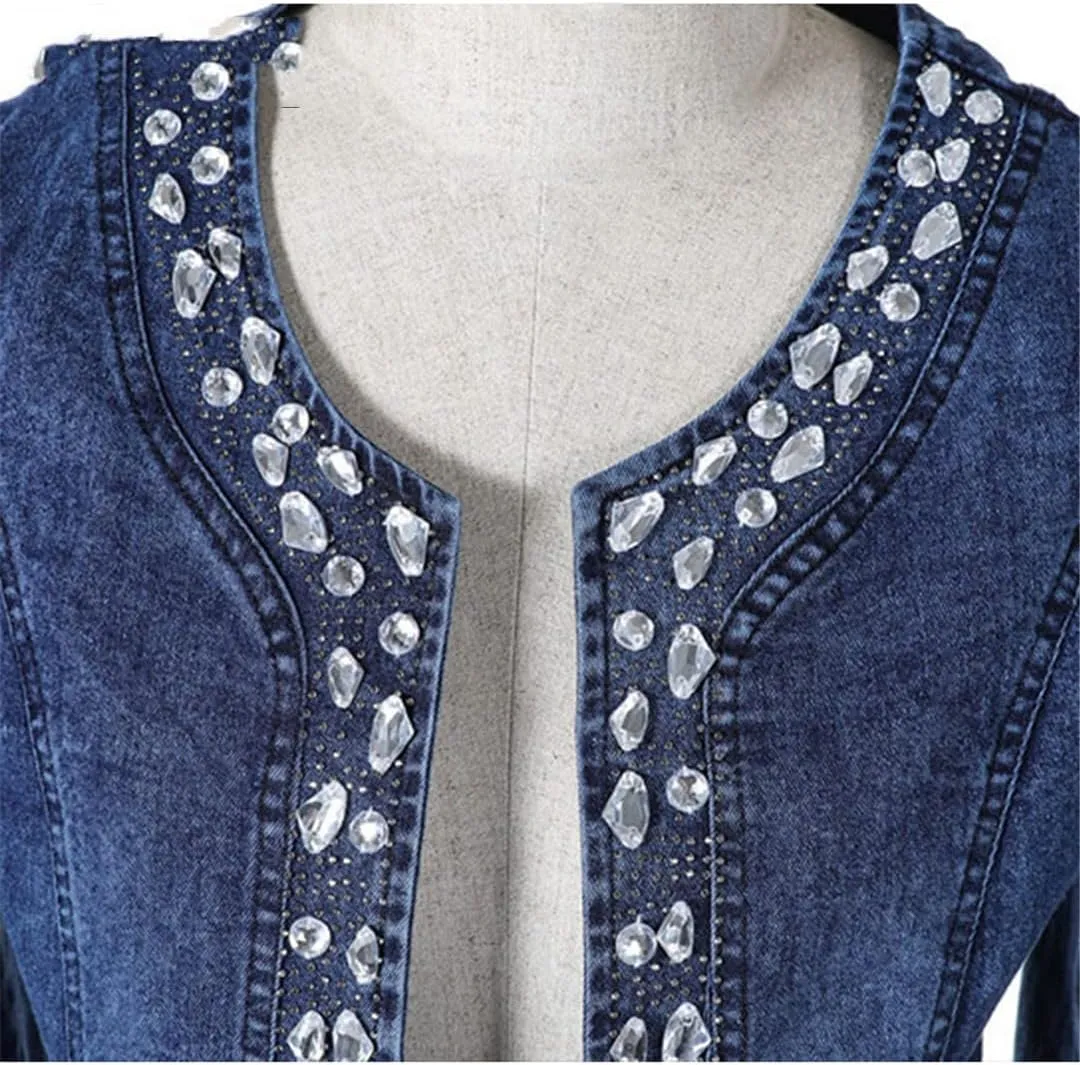 Women Wash Diamond-Studded Beading Stretchy Round Collar Denim Coat Rhinestone Cardigan Jean Jacket
